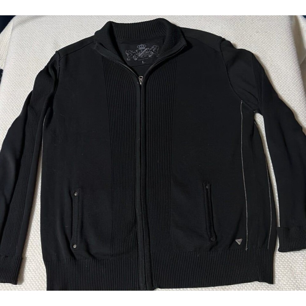 Men's Vintage Guess Black Full-Zip Ribbed Cardigan Sweater – Size Large